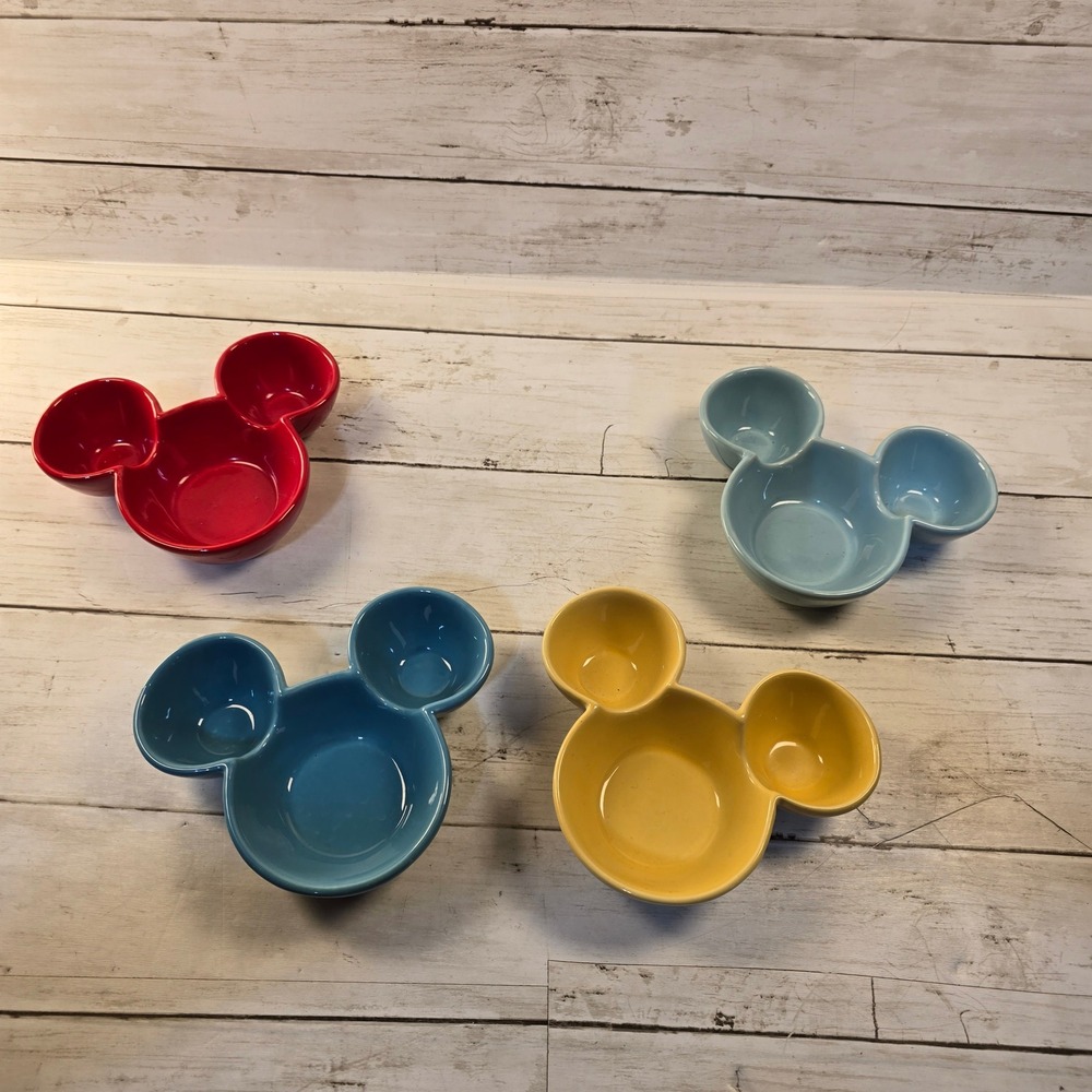 Disney Mickey Mouse Ceramic Snack Bowls Set of 4 Red Yellow Blue Teal
